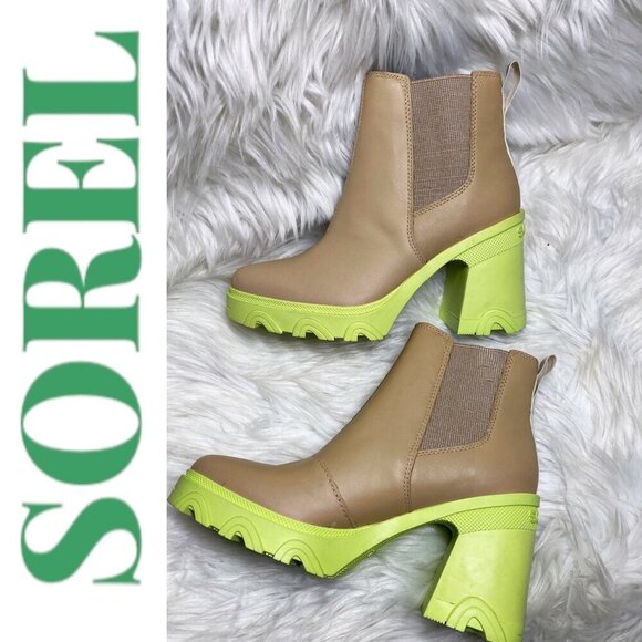 NWOB SOREL Brex Chunky Heel Platform Chelsea Bootie Tan Yellow, Size 6.5 - Picture 4 of 11